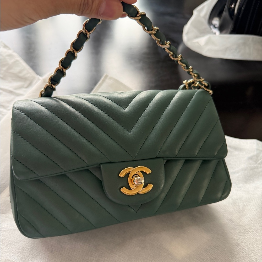 CHANEL Chevron Quilted Leather Top Handle Bag in Dark Green with Gold Hardware